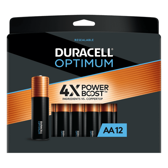Duracell Optimum 1.5V Alkaline AA Batteries, Convenient, Resealable Package, 12 Pack