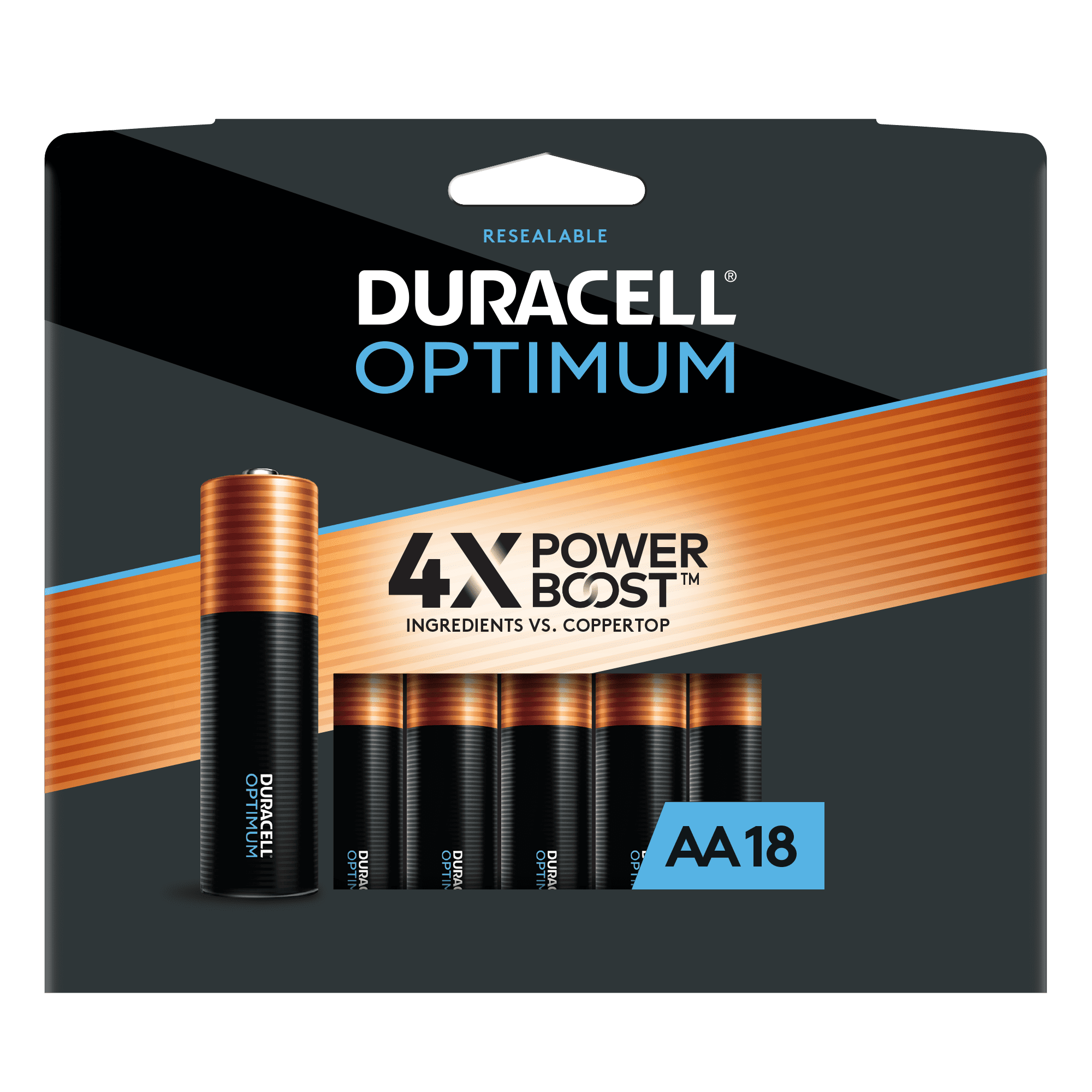 Duracell Optimum AA Battery with 4X POWER BOOST™, 1.5V Batteries, 18 Pack Resealable Package