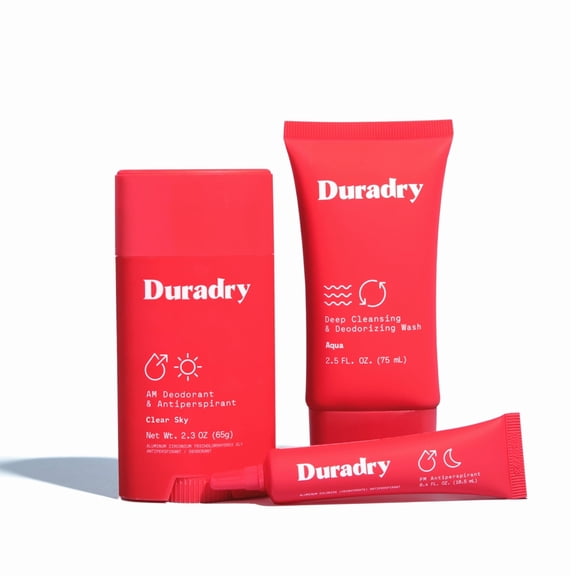 Duradry 3-Step Sweat Control System Clear Sky Bundle, 3 Items: Antiperspirant Deodorant Stick, Sweat Minimizing Gel, Deodorizing Body Wash