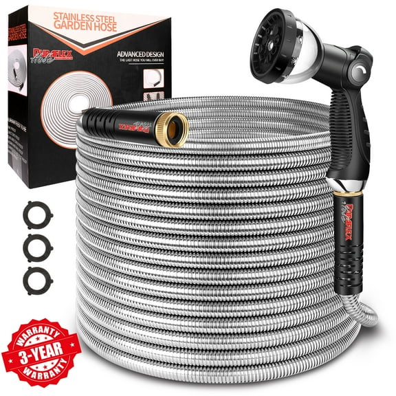 Duraflex Hose 100FT Premium Stainless Steel Garden Hose – 5/8" Kink-Free, Flexible, Crush-Proof & Lightweight, 10-Mode Spray Nozzle, Pet-Resistant, 600 PSI, 3-Year Warranty – 2025 Upgraded
