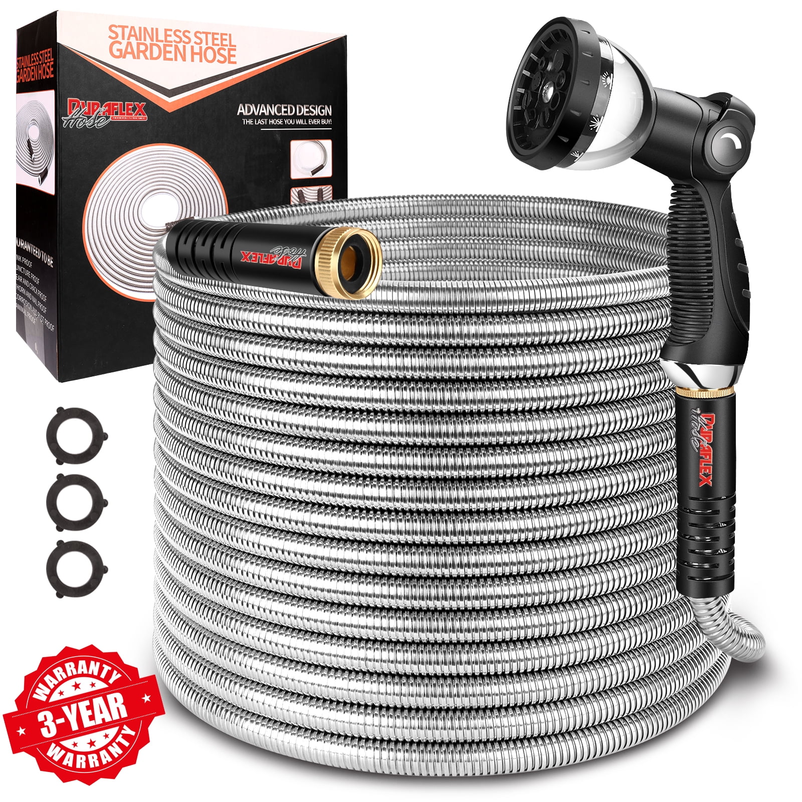 Duraflex Hose 75 FT Premium Stainless Steel Metal Garden Hose – 5/8" Kink-Free, Flexible, Crush-Proof & Lightweight, with 10-Mode Spray Nozzle, Pet-Resistant, 600 PSI, 3-Year Warranty – 2025 Upgraded