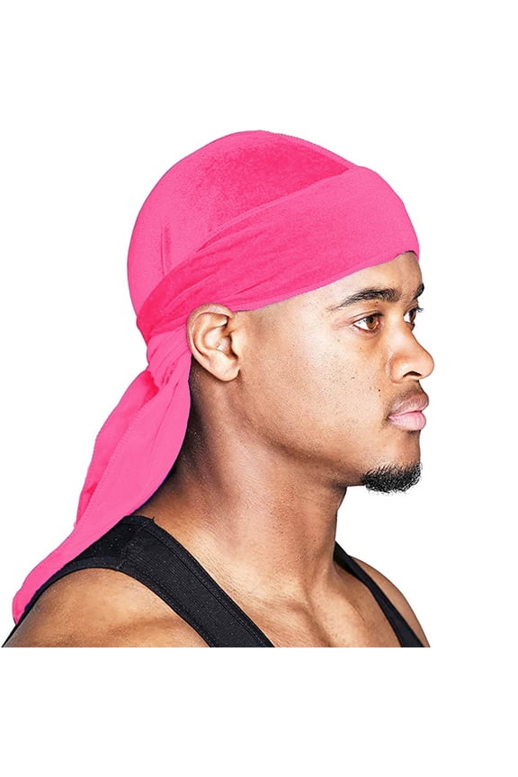 Durag Cap in Soft Velvet Material with Extra Long Tail and Wide Straps for Men and Women Hip Hop Style Headwrap for Compression and Hair Waves Hot Pink