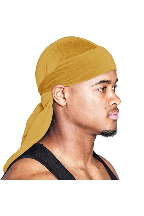 Durag Cap in Soft Velvet Material with Extra Long Tail and Wide Straps for Men and Women Hip Hop Style Headwrap for Compression and Hair Waves Gold