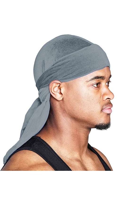Durag Cap in Soft Velvet Material with Extra Long Tail and Wide Straps for Men and Women Hip Hop Style Headwrap for Compression and Hair Waves Gray