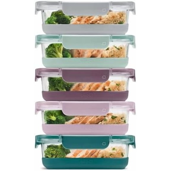 Duraglass 3.4 Cup Meal Prep Sets 10Pc, 5 Pack Set- Glass Food Storage Container with Silicone Boot and Airtight BPA-Free Plastic Lids, Dishwasher, Microwave, and Freezer Safe, Garden Goals
