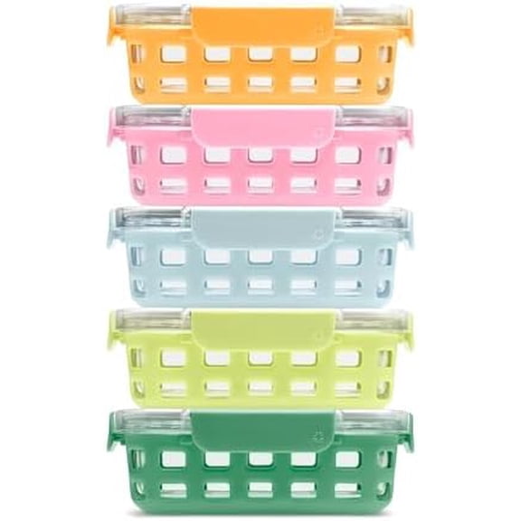 Duraglass 3.4 Cup Meal Prep Sets 10Pc, 5 Pack Set- Glass Food Storage Container with Silicone Sleeve and Airtight BPA-Free Plastic Lids, Dishwasher, Microwave, and Freezer Safe, Meadow