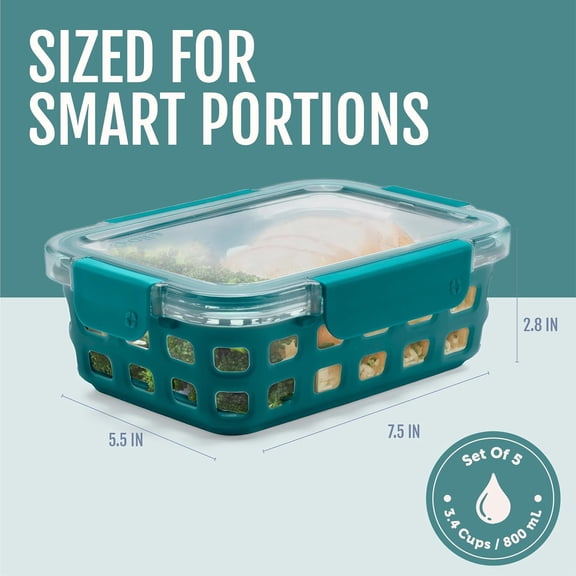 Duraglass 3.4 Cup Meal Prep Sets 10Pc, 5 Pack Set - Glass Food Storage Container with Silicone Sleeve and Airtight BPA-Free Plastic Lids, Dishwasher, Microwave, and Freezer Safe, Melon
