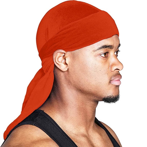 Durags for Men Superior Velvet Satin Durag Wolfing Long Wide Straps Braids Wave Cap Hip Hop Oversize Headwear Orange