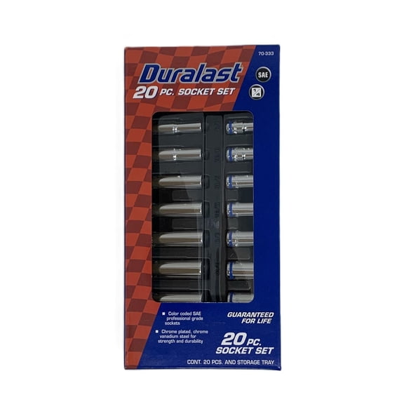 Duralast 20PC Socket Set + Storage Tray (70-333) - 1/4 Drive, SAE, 6 Point