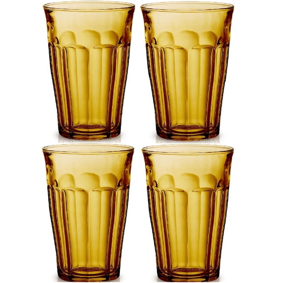Duralex Made in France Picardie Glass Tumbler Set of 4, 12-1/8 oz, Amber