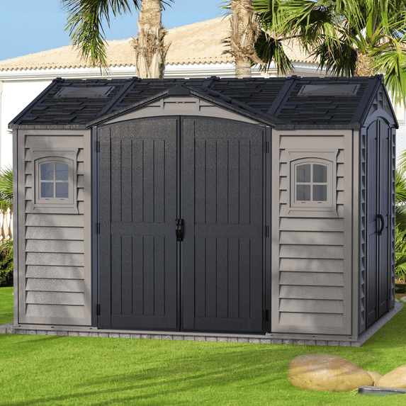 Duramax 10.5 x 8 Apex Pro Plastic Vinyl Storage Shed w/Foundation, 2 windows & side door