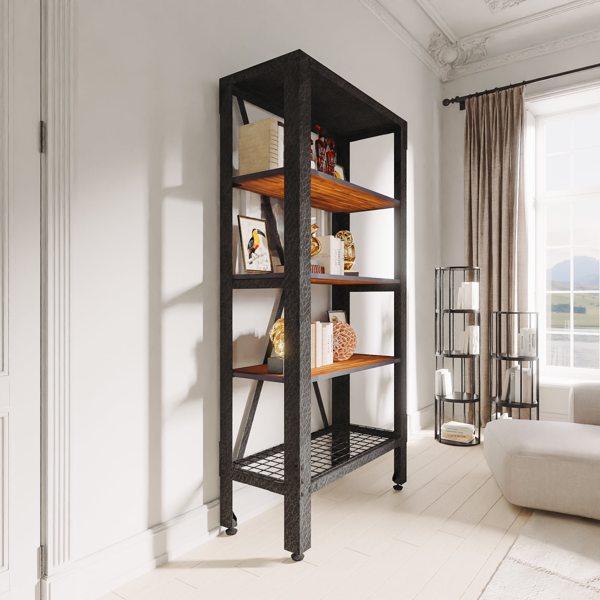 Industrial Black Acacia Wood 4-Shelf Storage Unit