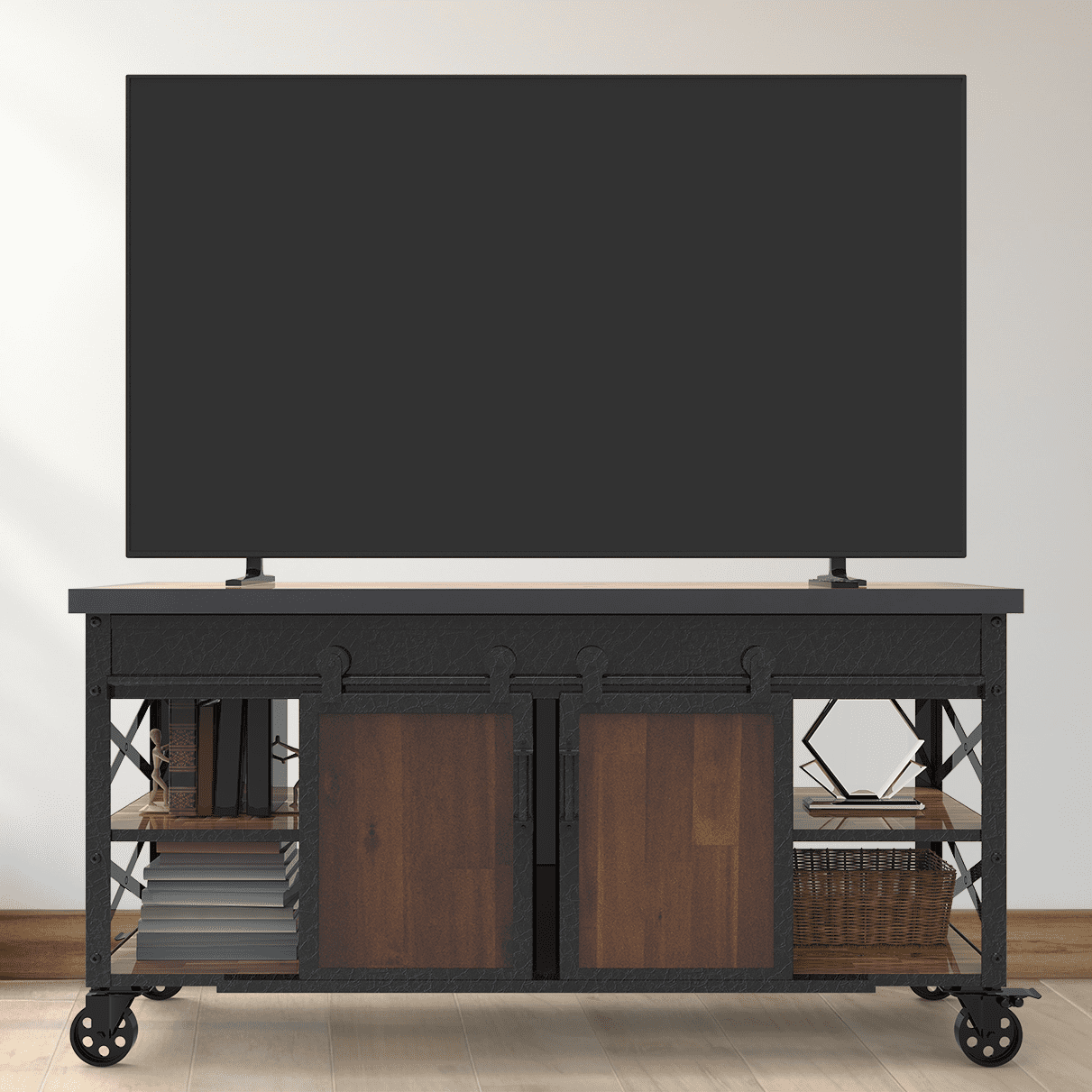 58" Black and Brown Metal and Wood Farmhouse Cabinet
