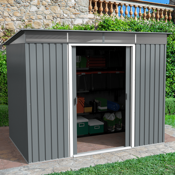 DuraMax Outdoor Storage Shed with Pent Roof Skylight, 8' x 6' x 6', Light Gray