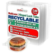 Durameg Clamshell Containers 5" Square Clear Hinged [50 Pack] Take-Out Plastic Salad Containers | To-Go Sandwich Containers [Size 5 3/8" x 5 1/4" x 2 5/8"]