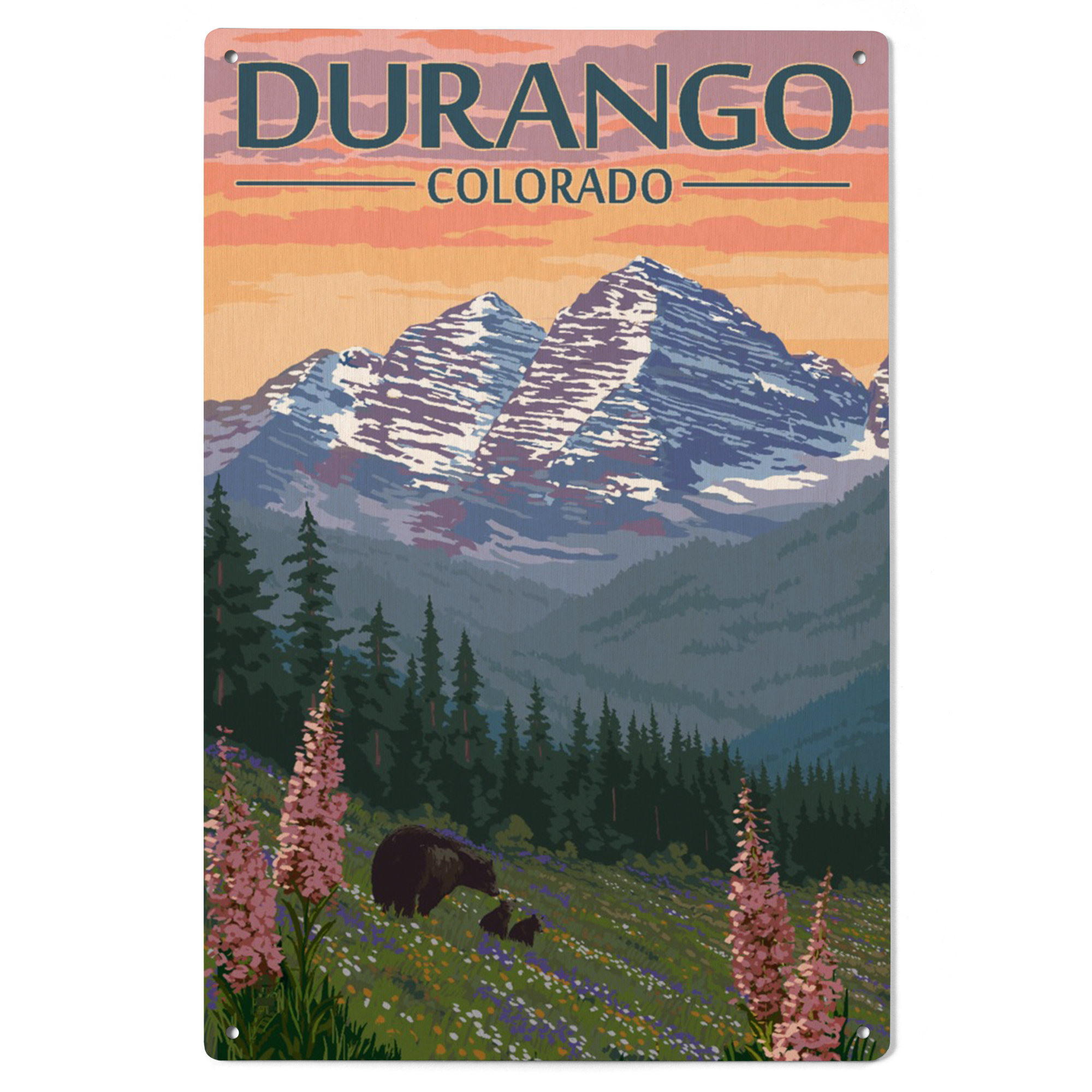 Durango, Colorado, Bears and Spring Flowers Birch Wood Wall Sign (6x9 ...