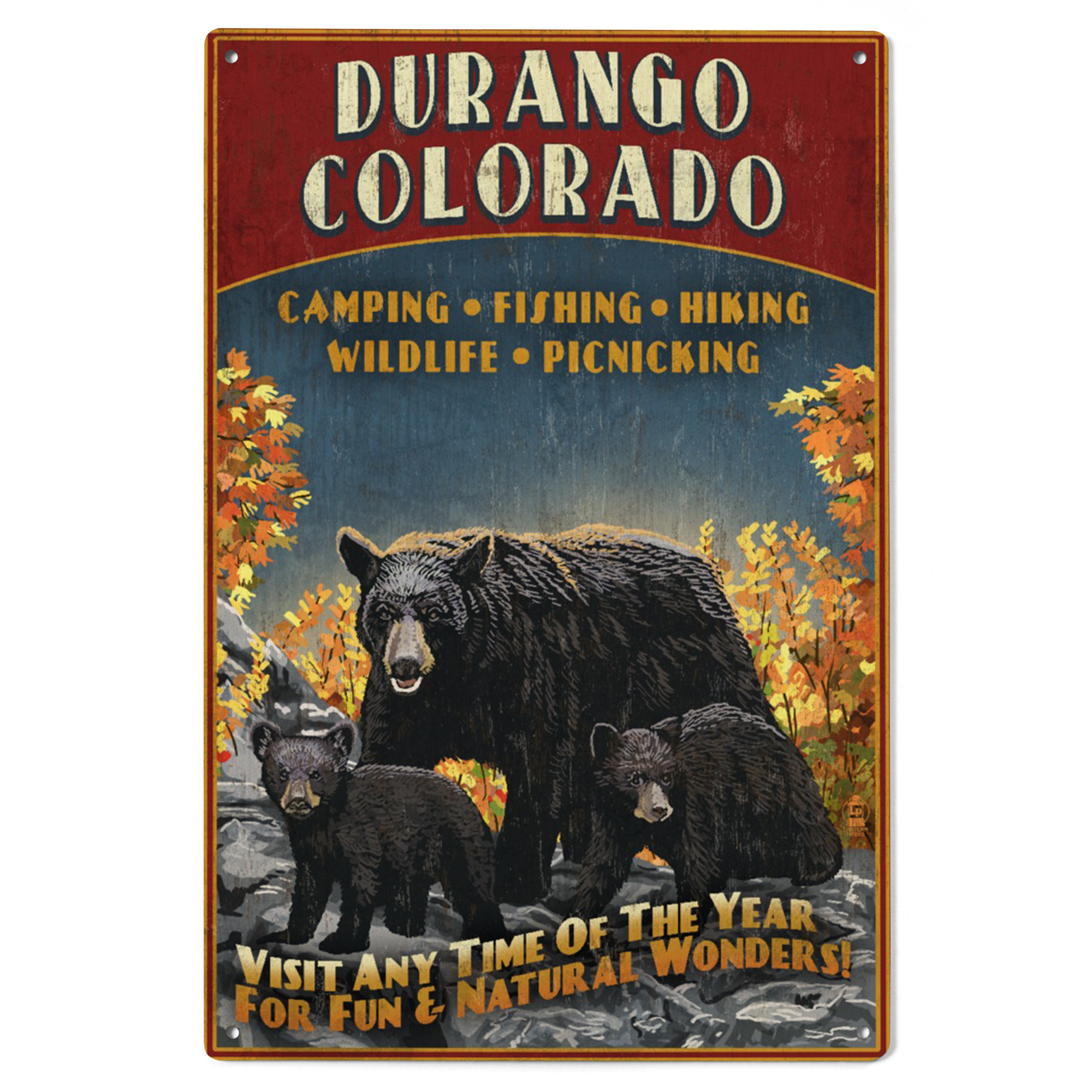 Durango, Colorado, Black Bears, Vintage Sign Birch Wood Wall Sign (6x9 ...