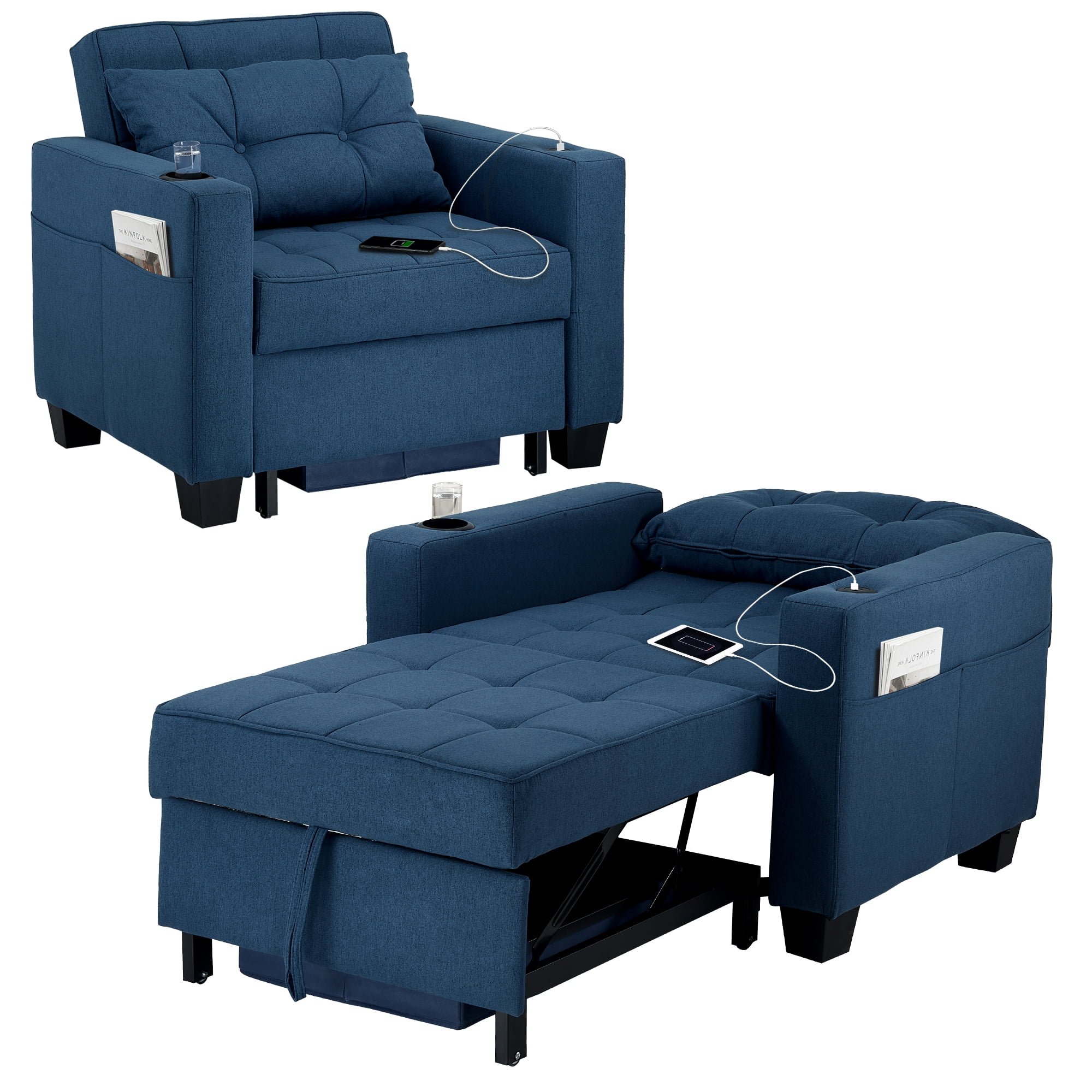 DURASPACE Silla de cama de 39 pulgadas, silla convertible 3 en 1, cama  extraíble, sillón individual ajustable, sofá cama con puertos USB, bolsillo