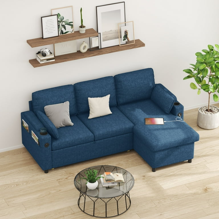 DURASPACE Sectional Sleeper Sofa with Storage Chaise Reversible Pull Out Couch Sofa Bed L Shape Blue