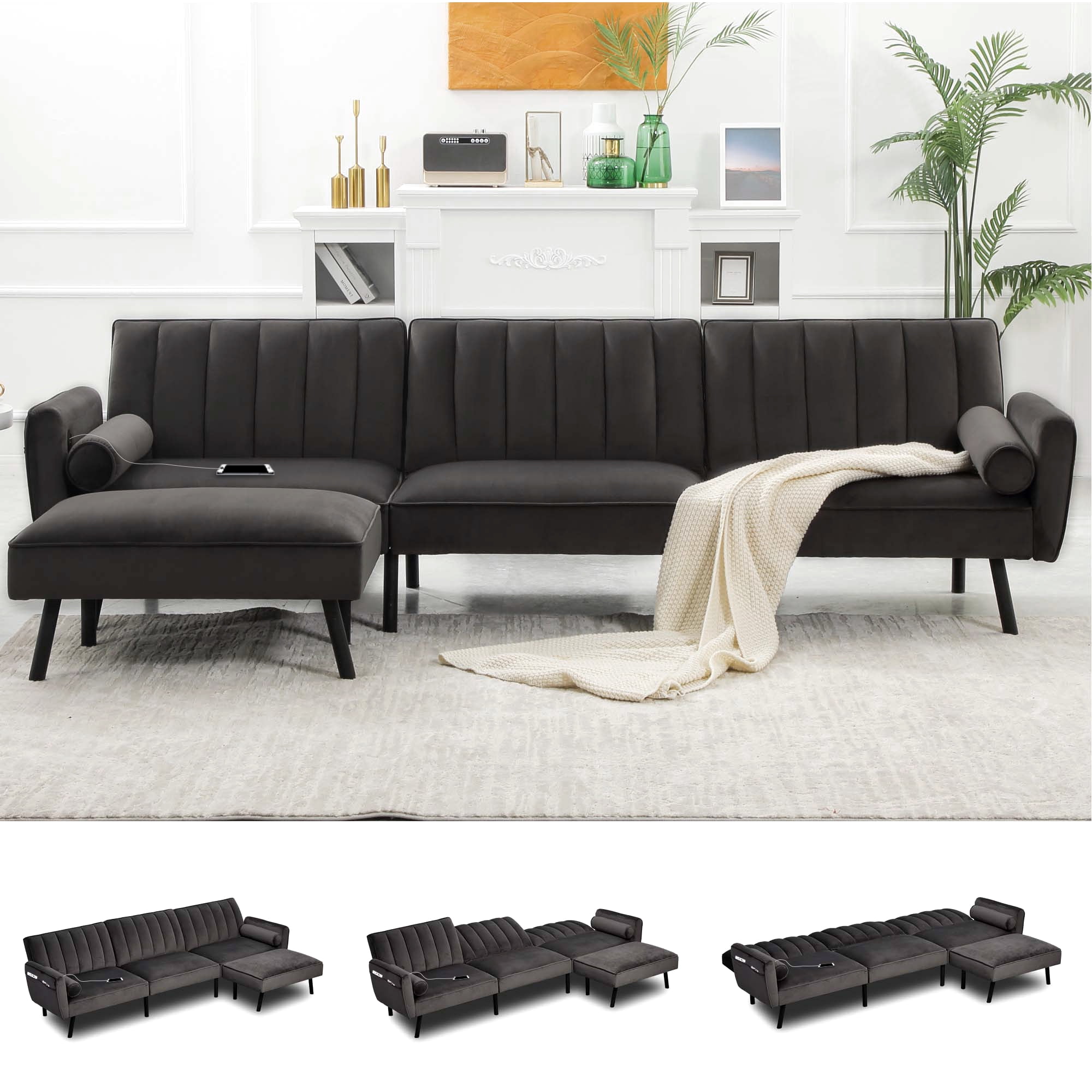Duraspace Velvet Sectional Sleeping Sofa Bed Couch with Usb