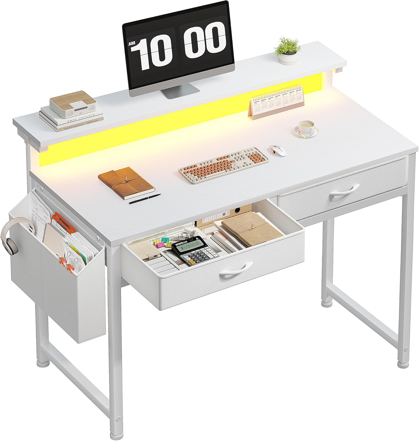 DurayLoly Computer Desk with 2 Drawers & LED Lights,31.5 Inch Home ...