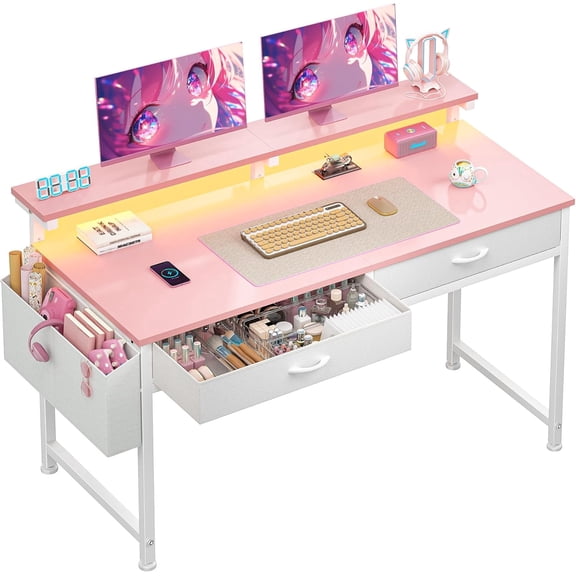 Computer Desk with 2 Drawers & LED Lights,31Inch Home Office Desks with Side Pocket and Monitor Stand,Study Writing Table for Small Spaces,White
