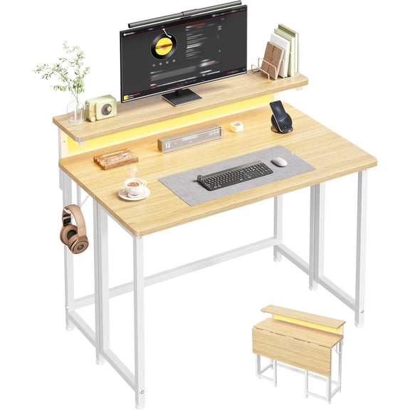 DurayLoly Folding Desk for Small Space,Foldable Computer Desk with Monitor Stand,31.5 Inch Small Desk with LED Lights for Bedroom Home Office,Writing Work Office Computer Desk with Hooks,Oak