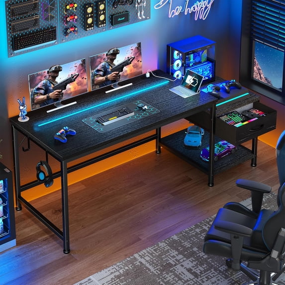 DurayLoly Gaming Desk 48.1 Inch with LED Lights and Power Outlets,Reversible Computer Desk with Drawers and Shelf,Gaming Table with Hooks for Headphone,Bags,Small Desk for Bedroom,Dorm,Black