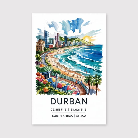 Durban Watercolor Canvas Durban Travel Print Canvas Durban Wall Art Beach City Painting Durban Souvenir South Africa Decor-1WN5037