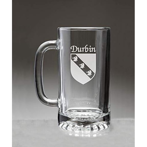 Durbin Irish Coat of Arms Glass Beer Mug (Sand Etched)