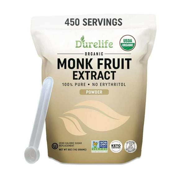Durelife Organic 100% Pure Monk Fruit sweetener, No Erythritol, Monkfruit Extract Powder, USDA organic NON-GMO Project Verified, Keto Certified, OU kosher No Fillers Zero Calorie Sugar Substitute 5OZ