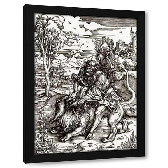 Albrecht Durer 11x14 Black Modern Wood Framed Wall Art Titled - Samson Killing The Lion