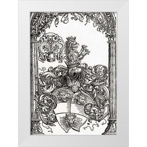 Durer, Albrecht 11x14 White Modern Wood Framed Museum Art Print Titled - Coat Of Arms With Three Lions Heads