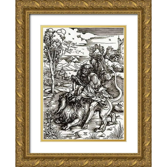 Durer, Albrecht 18x24 Gold Ornate Wood Framed with Double Matting Museum Art Print Titled - Samson Killing The Lion