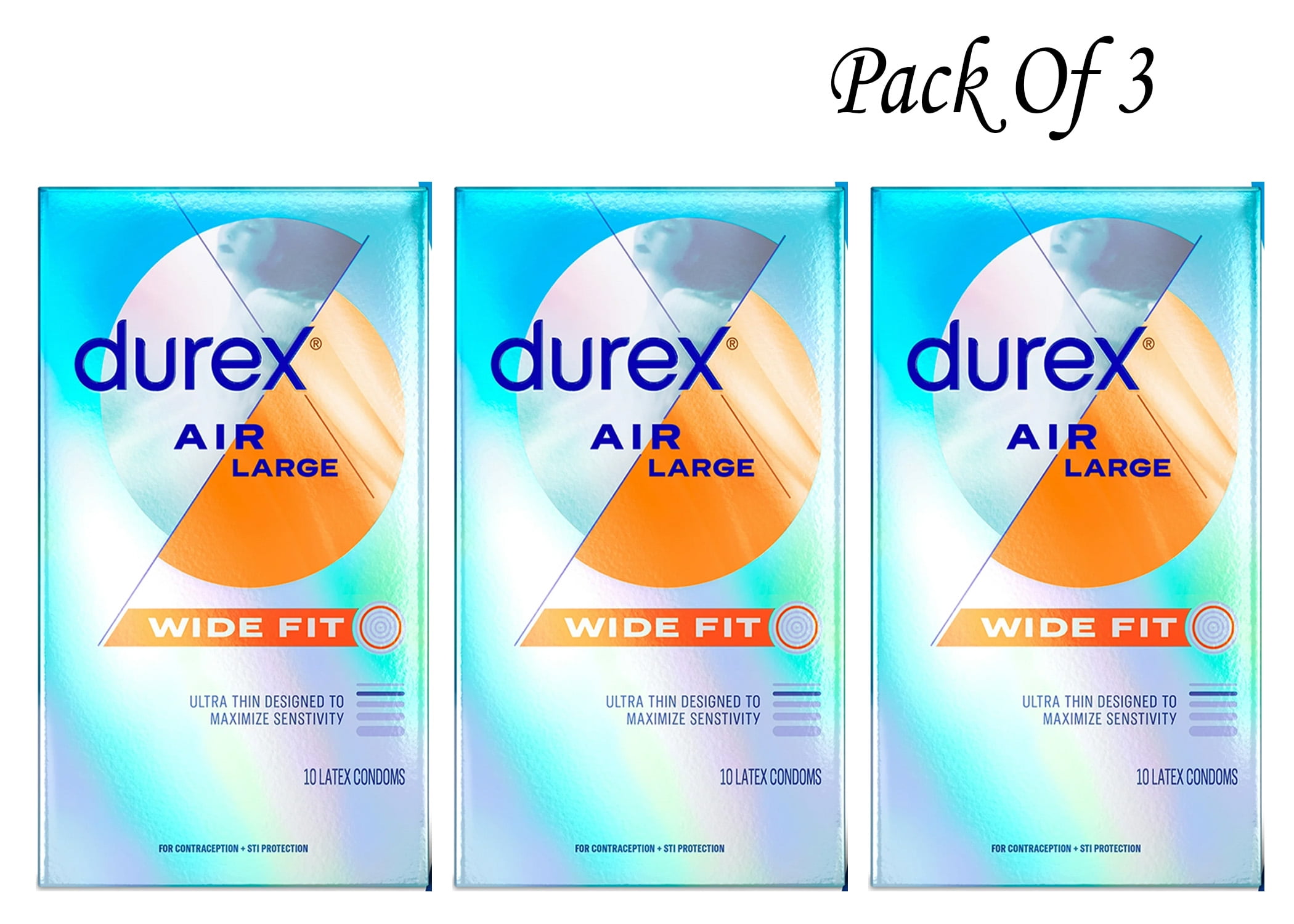 Durex Air Condoms, Extra Thin, Transparent Natural Rubber Latex Condoms for Men, Wide Fit, FSA \u0026 HSA Eligible, 10 Count (Pack Of 3)