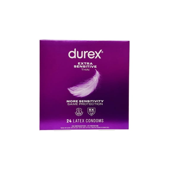 Durex Condom Extra Sensitive Natural Latex Condoms, 24 Count - Ultra Fine & Extra Lubricated, Regular Fit, FSA HSA Eligible