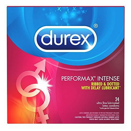Durex Condom Performax Intense Natural Latex Condoms, 24 Count - Ultra Fine, ribbed, dotted with delay lubricant