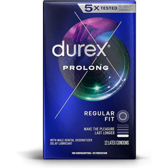 Durex Condom Prolong Natural Latex Condoms, 12 Count - Ultra Fine, ribbed and dotted with delay lubricant