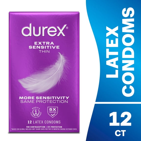Durex Condoms For Men, Extra Sensitive Thin Condoms, Lubricated Rubber Latex, FSA/HSA, 12 ct