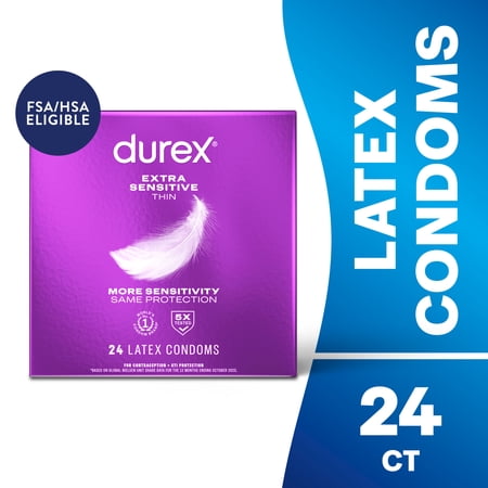 Durex Condoms For Men, Extra Sensitive Thin Condoms, Lubricated Rubber Latex, FSA/HSA, 24 ct