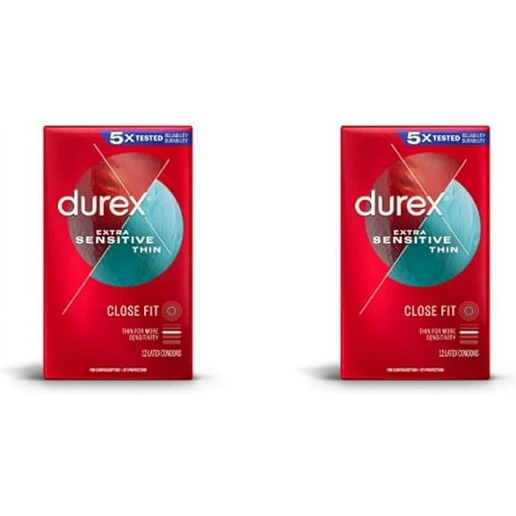 Durex Extra Sensitive Lubricated Ultra Thin Premium Condoms, Close Fit, 12 Ct, FSA/HSA Eligible, Discreet Packaging (Pack of 2)