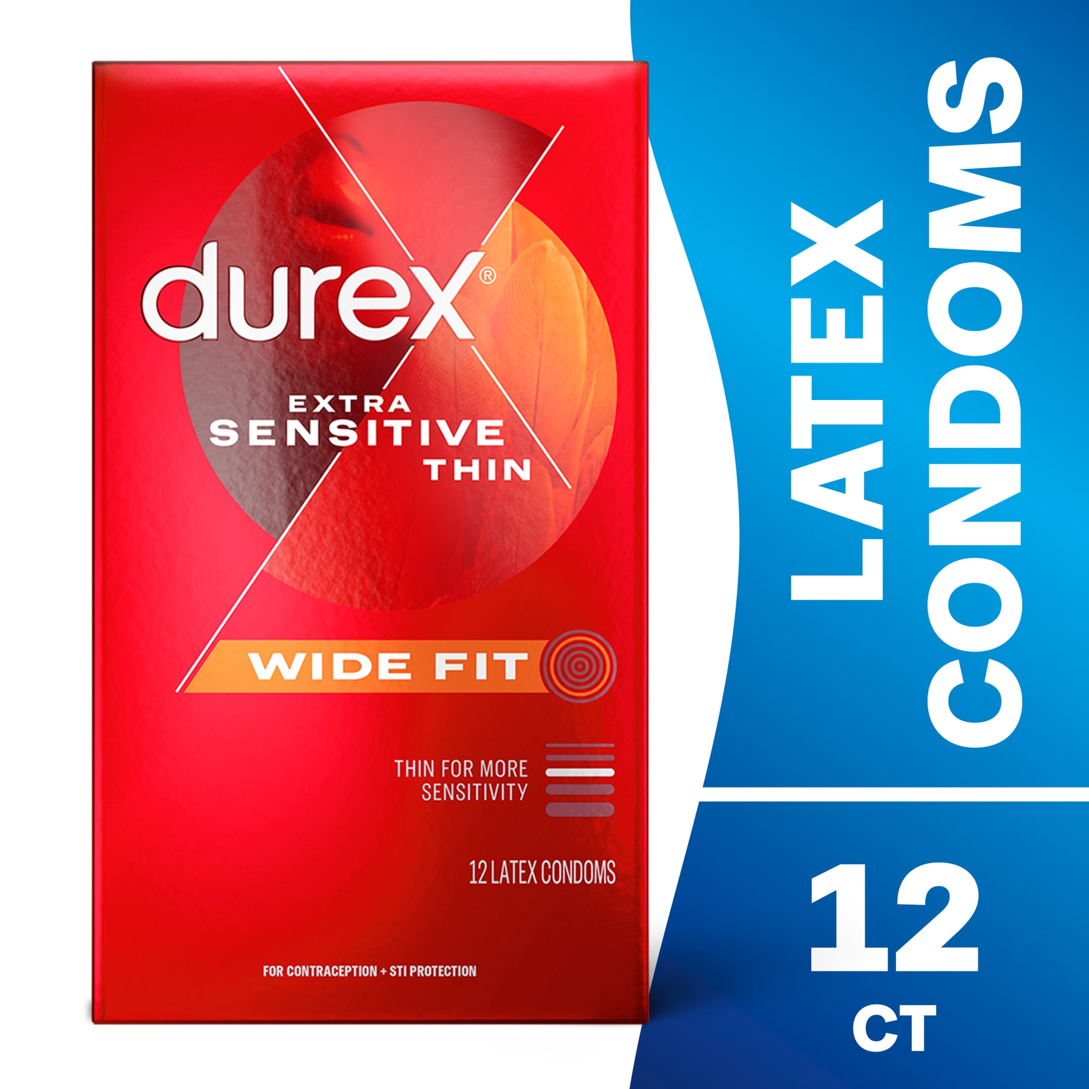 Durex Extra Sensitive Lubricated Ultra Thin Premium Latex Condoms, Wide Fit, 12 Count