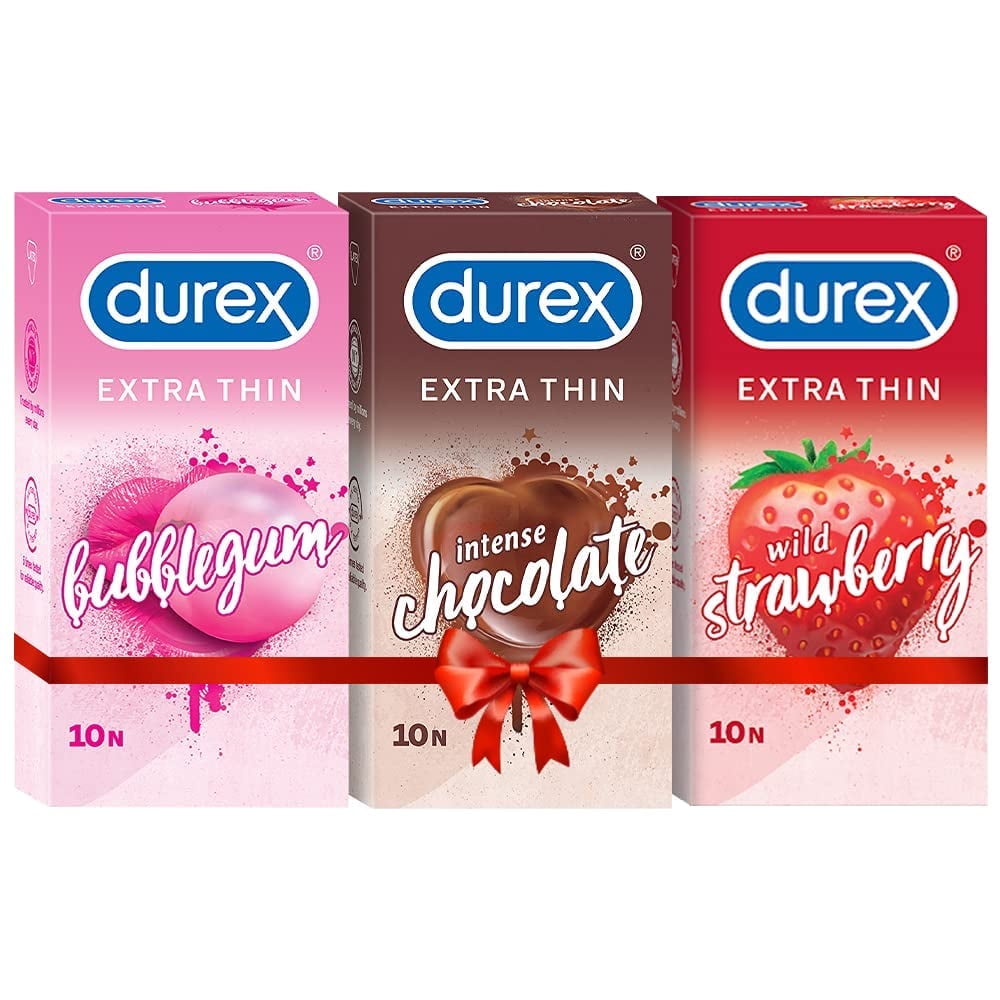 Durex Extra Thin Flavoured Condoms, 10s each (Bubblegum + Chocolate + Strawberry)