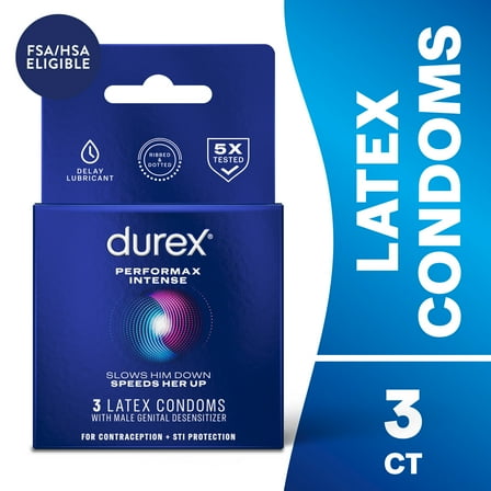 Durex Performax Intense Condoms, Ultra Fine, Ribbed, Dotted with Delay Lubricant Natural Rubber Latex Condoms for Men, FSA & HSA Eligible, 3 Count