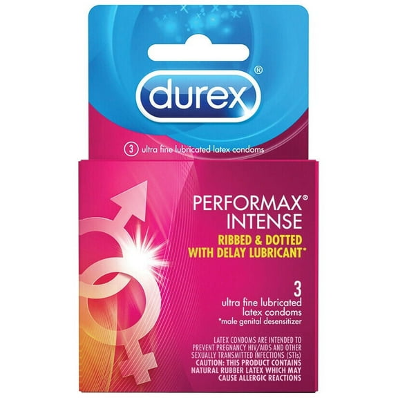 Durex Performax Intense Latex Condoms Ribbed w/ Desensitizing Delay Lubricant - Choose Count