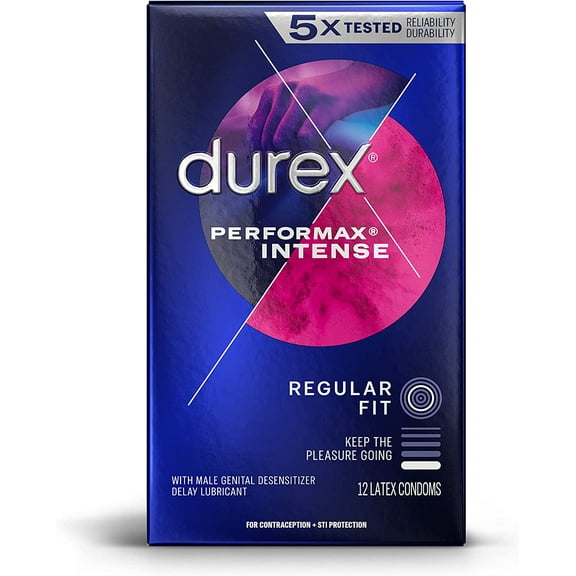 Durex Performax Intense Natural Rubber Latex Condoms, Regular Fit, 12 Count, Contains Desensitizing Lube for Men, (Packaging May Vary)