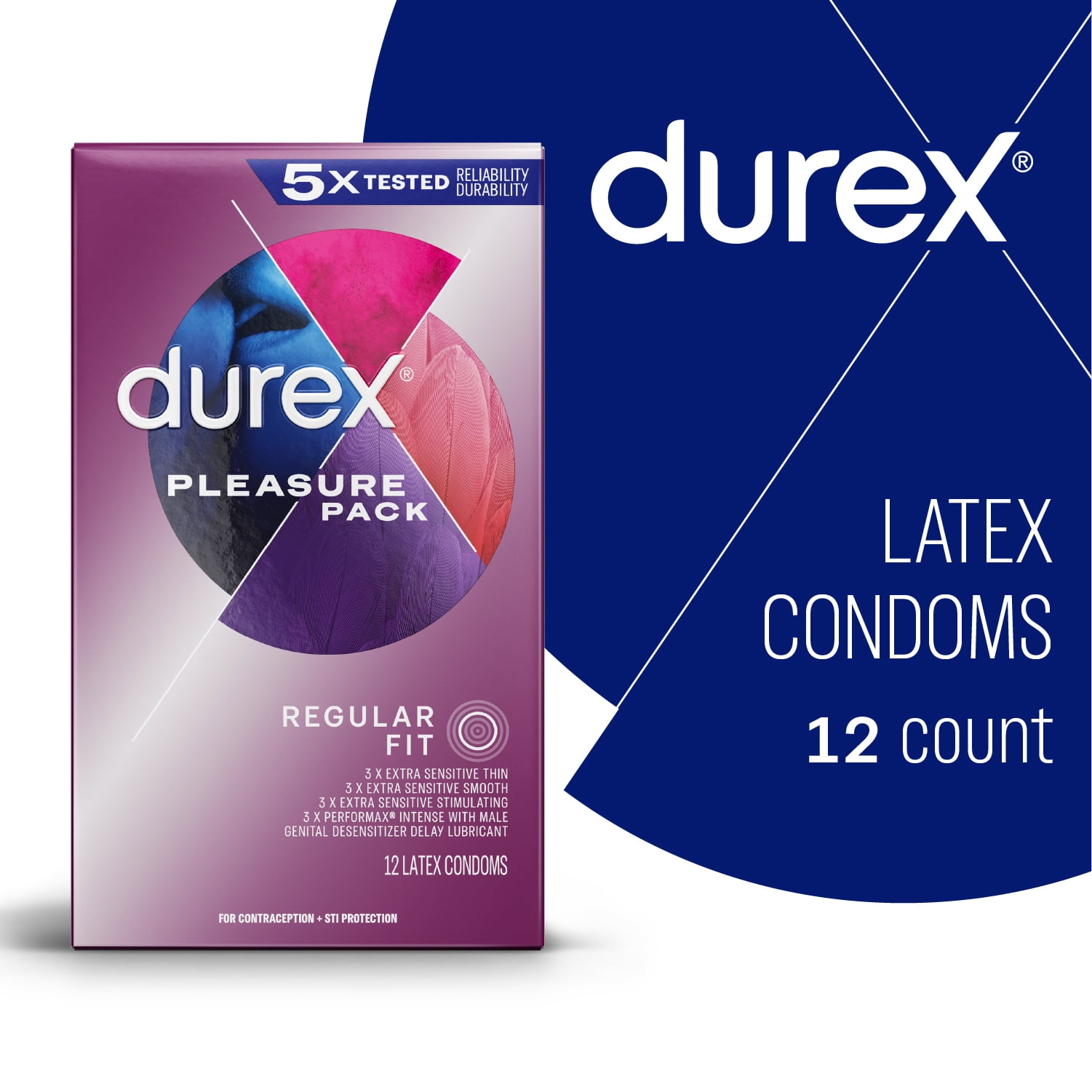 Durex Pleasure Pack Assorted Condoms, Exciting Mix of Sensation and Stimulation, Natural Rubber Latex Condoms for Men, FSA and HSA Eligible, 12 Count