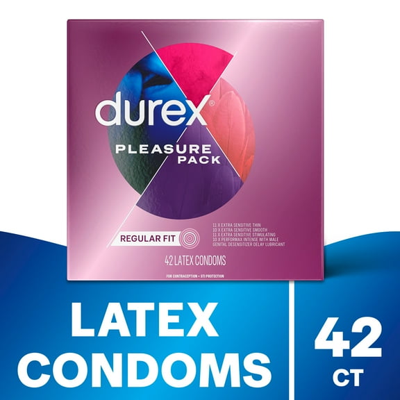 Durex Pleasure Pack Assorted Condoms For Men, Mix of Stimulation, Lubricated Rubber Latex, FSA/HSA, 42 ct