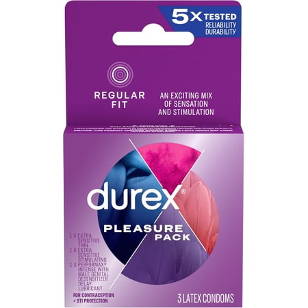 Durex Pleasure Pack, Assorted Lubricated Premium Condoms, 3 ct