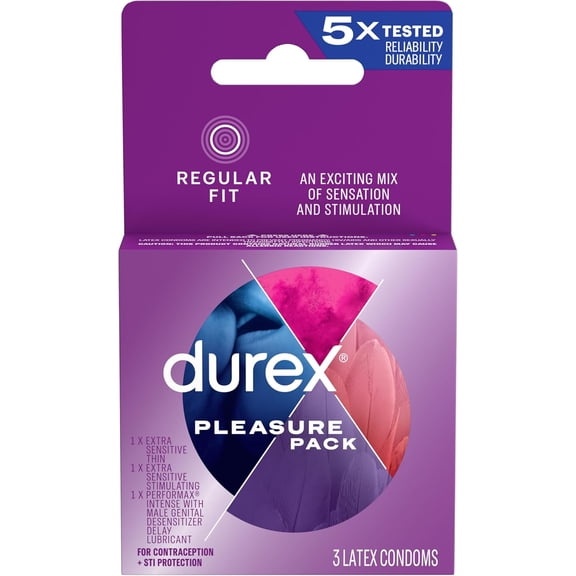 Durex Pleasure Pack, Assorted Lubricated Premium Condoms, 3 ct